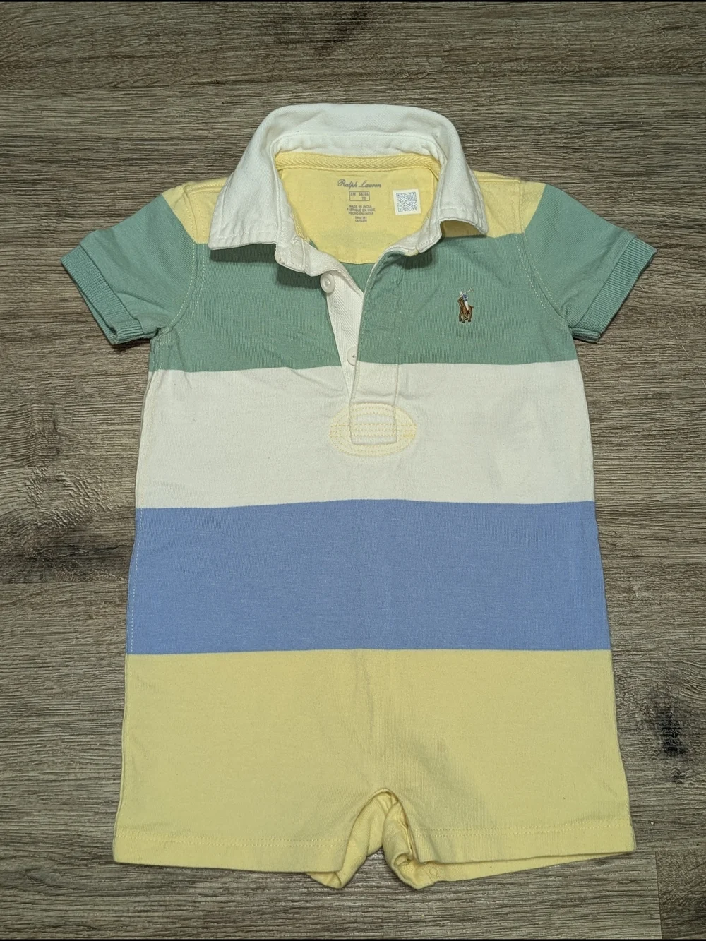 Ralph Lauren Baby Boys Striped Polo Cotton Romper 6Mo. Green White Blue Yellow